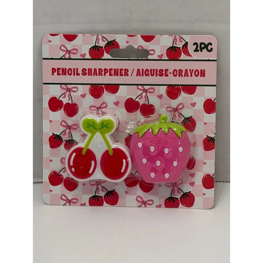 2PC Fruit Pencil Sharpener Set Cherry and Strawberry Shapes Pink Red New